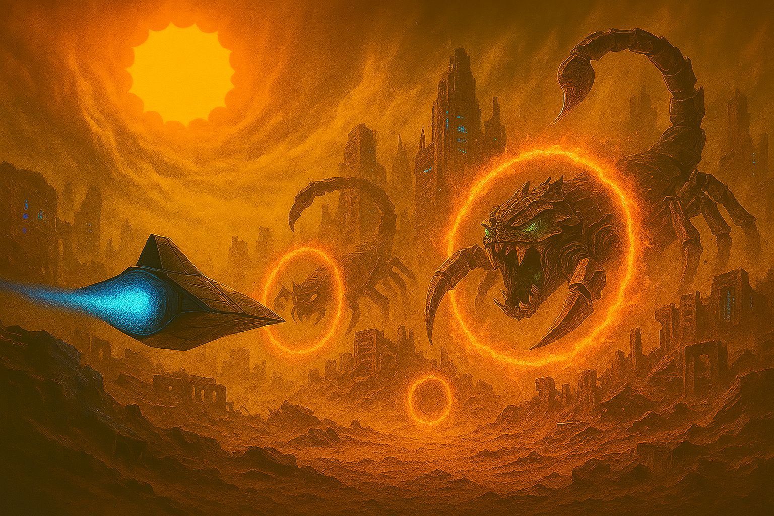 Energy rings over ruins